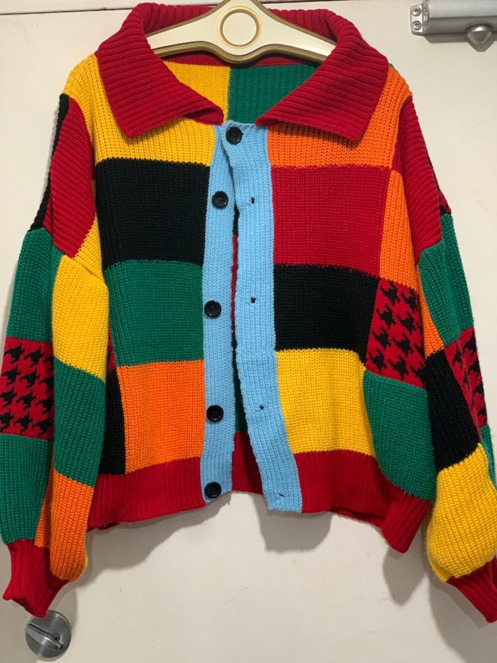 HANDMADE KNIT MULTICOLOR PATCHWORK SWEATER CARDIGANS SIZE L/XL